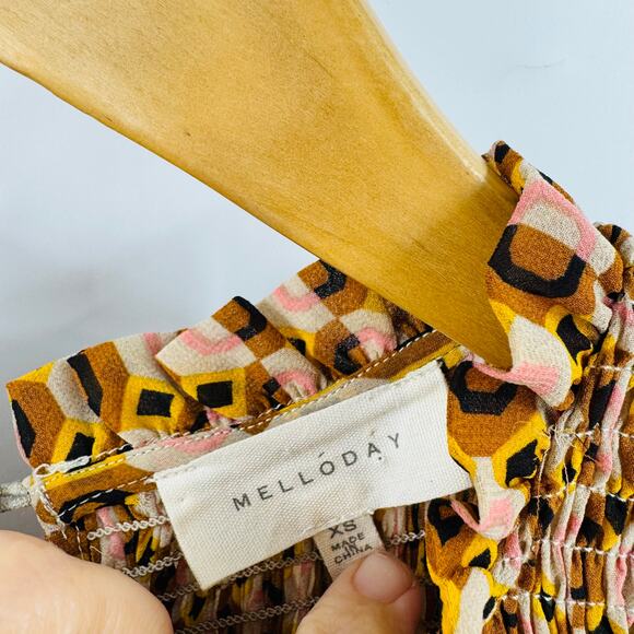 Melloday Smocked Long Sleeve Maxi Dress Retro Geometric Print Brown XS - Picture 4 of 13